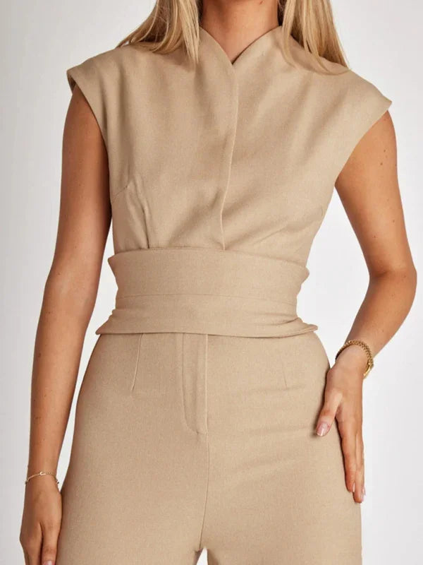 Luara strapped waist solid color V-neck sleeveless wide-leg jumpsuits