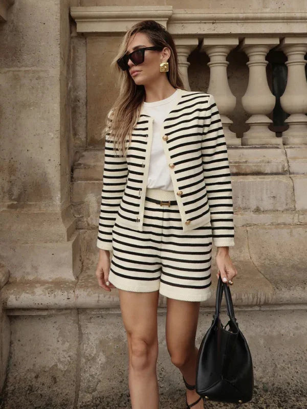 Mia Women's striped simple cardigan Two Pieces Sets