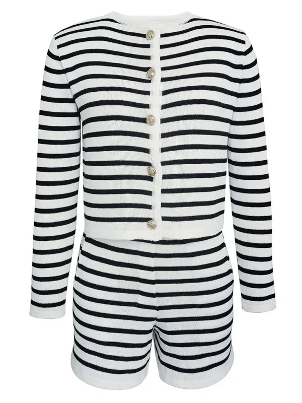 Mia Women's striped simple cardigan Two Pieces Sets