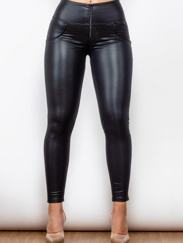 Isabel Casual Solid Matte PU Leather Long Pants