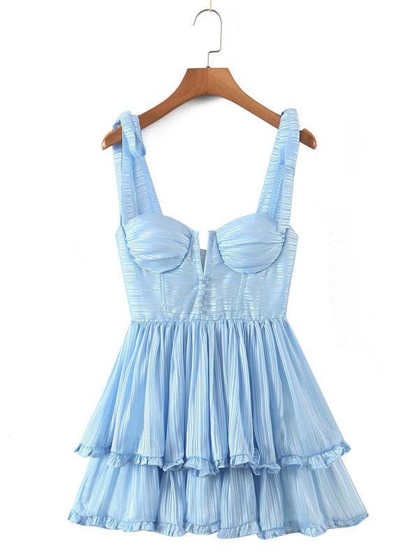 Julia Three Layer Colorful Silk Chiffon Pleated Dress with Tie - Vestir en Moda