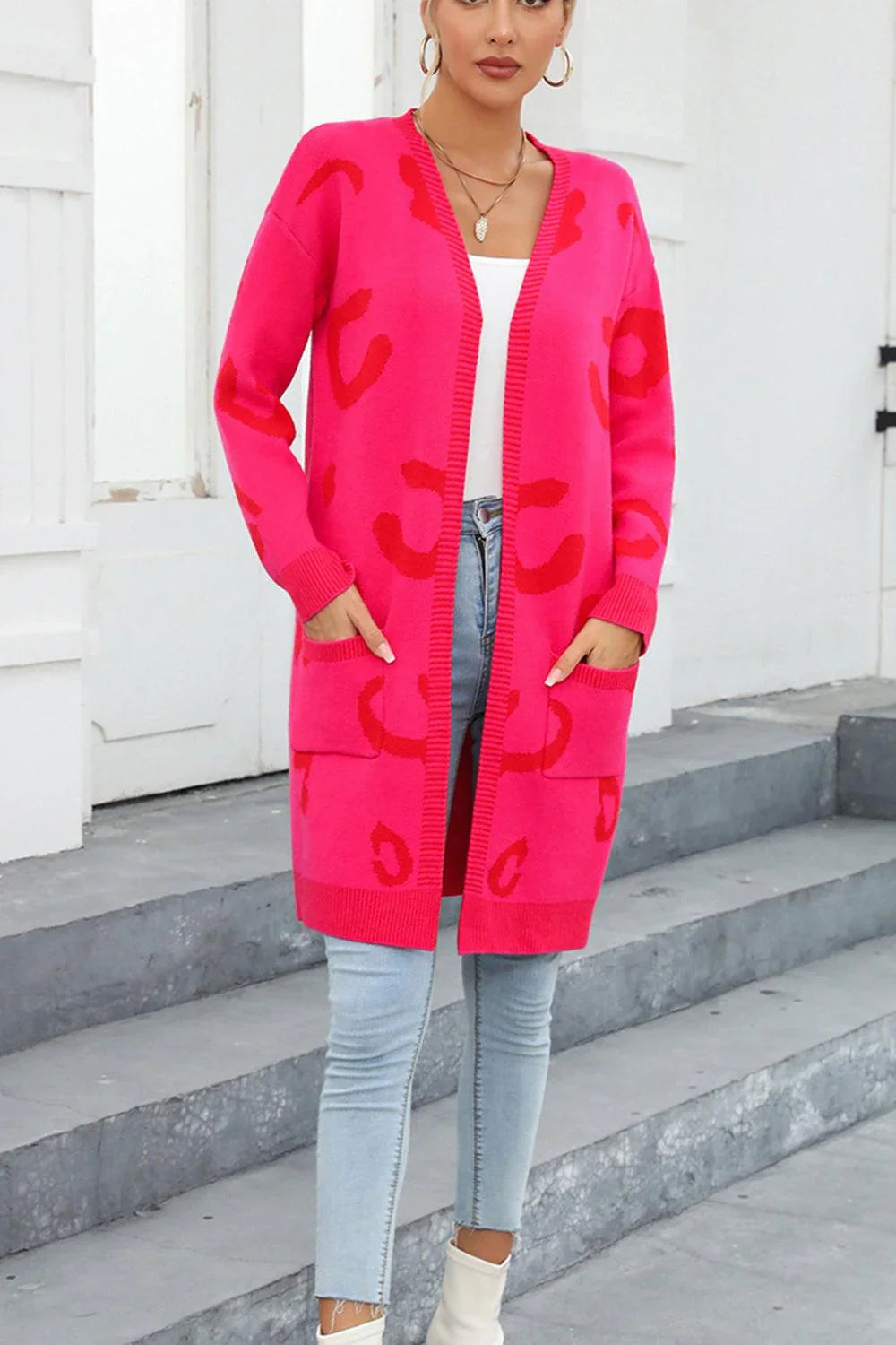 June Thermal Pocketed Printed Long Sleeve Cardigan with Pockets - Vestir en Moda