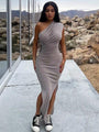 Khaleesi Solid Color Casual Pleated Shoulder Slit Slim Long Dress - Vestir en Moda