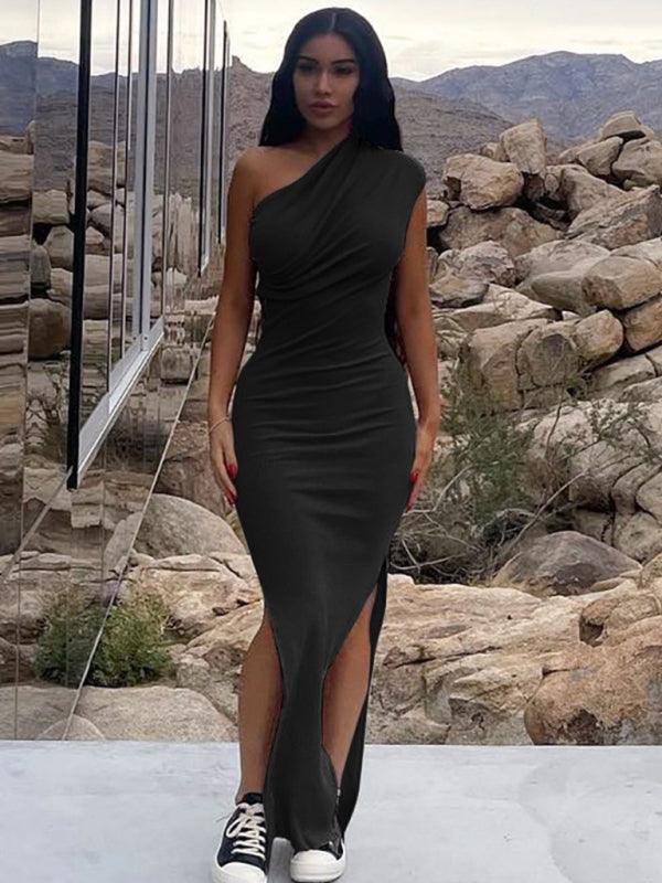 Khaleesi Solid Color Casual Pleated Shoulder Slit Slim Long Dress - Vestir en Moda