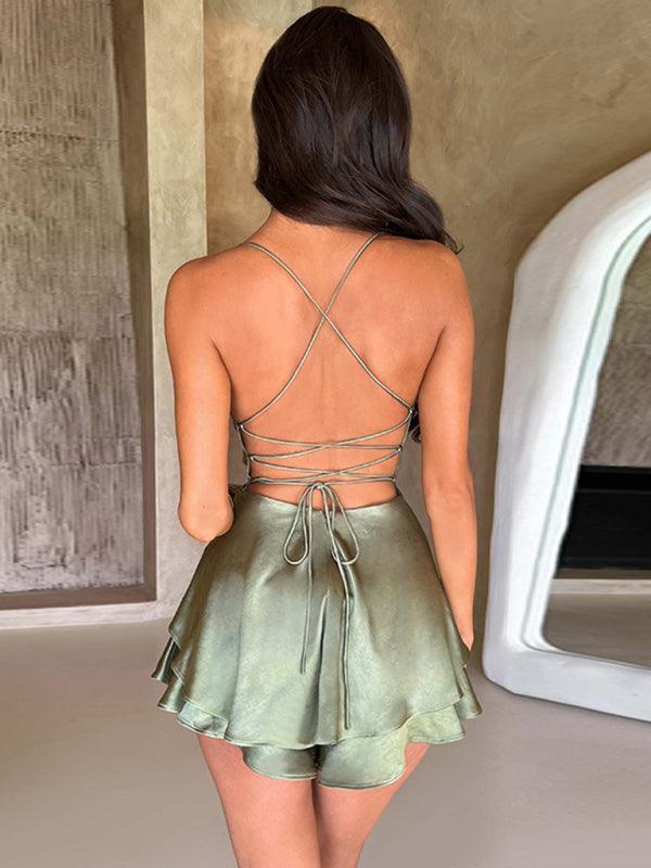 Margo New Suspender Satin Backless Strappy A Hem Dress - Vestir en Moda