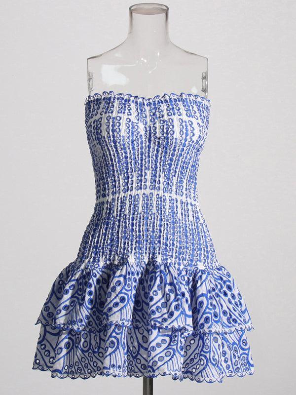 Maria Arrival Strapless Slim Ruffle Hem Embroidered Short Dress - Vestir en Moda