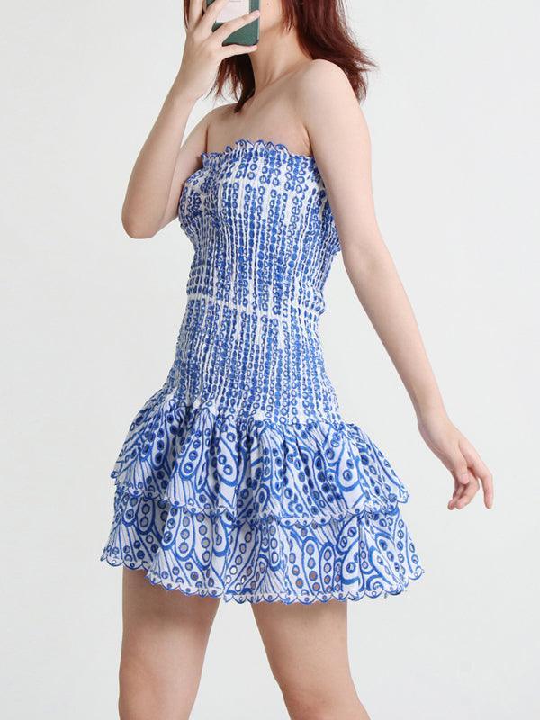 Maria Arrival Strapless Slim Ruffle Hem Embroidered Short Dress - Vestir en Moda