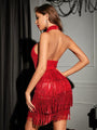Marina Sequin Fashion Sleeveless Halter Neck Open Tassel Short Dress - Vestir en Moda