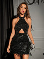Marina Sequin Fashion Sleeveless Halter Neck Open Tassel Short Dress - Vestir en Moda