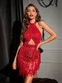 Marina Sequin Fashion Sleeveless Halter Neck Open Tassel Short Dress - Vestir en Moda