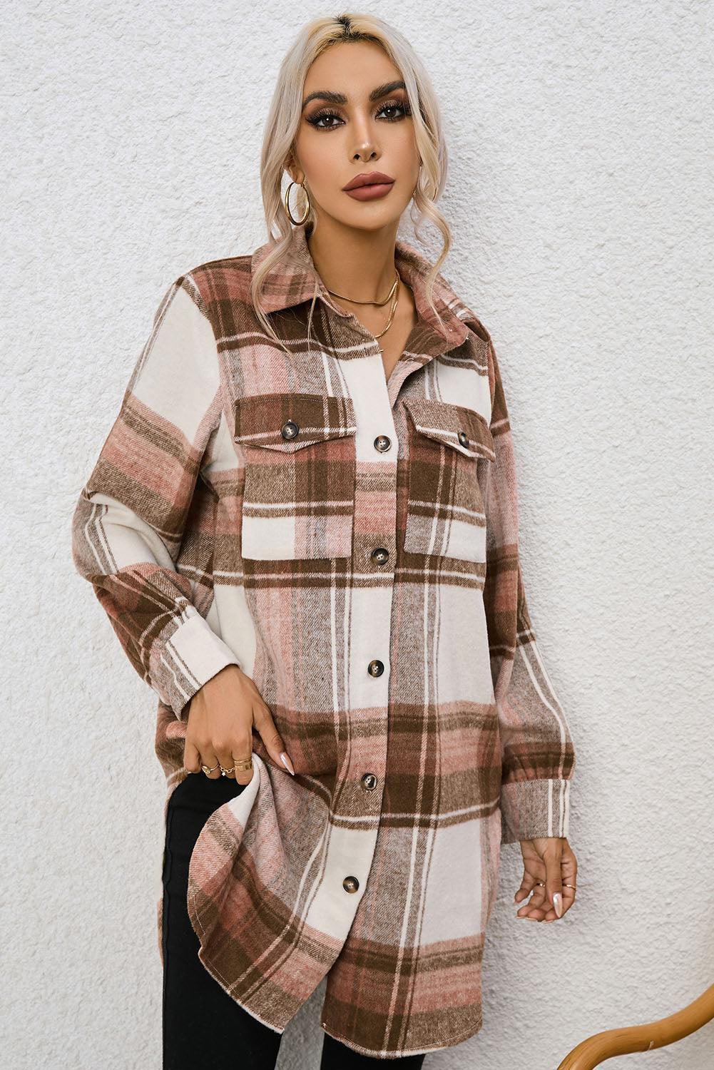 Paislee Plaid Collared Neck Longline Sexy Jacket - Vestir en Moda
