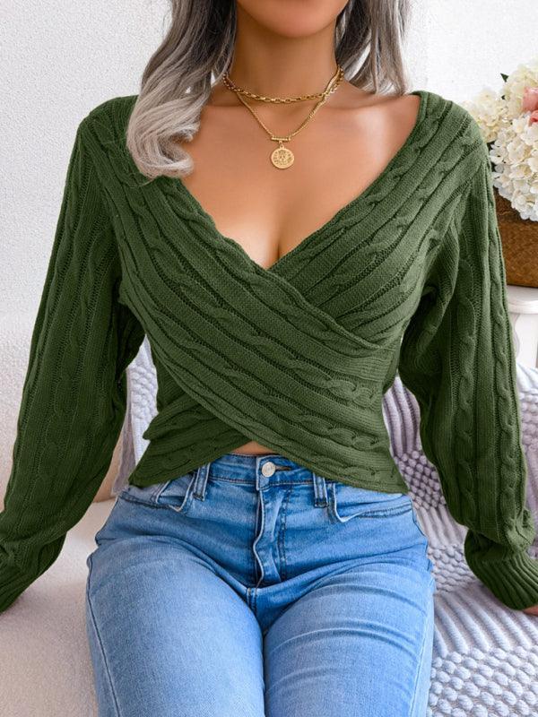Quencin Women's Sexy Cross V-Neck Twist Long Sleeve Crop Sweater - Vestir en Moda