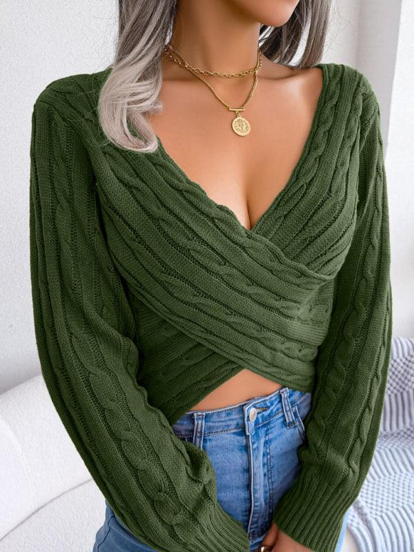 Quencin Women's Sexy Cross V-Neck Twist Long Sleeve Crop Sweater - Vestir en Moda