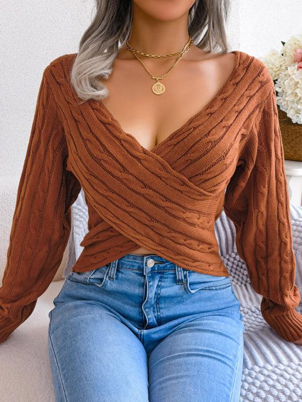 Quencin Women's Sexy Cross V-Neck Twist Long Sleeve Crop Sweater - Vestir en Moda