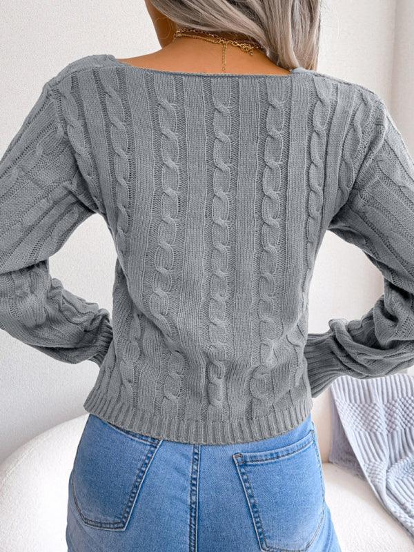 Quencin Women's Sexy Cross V-Neck Twist Long Sleeve Crop Sweater - Vestir en Moda