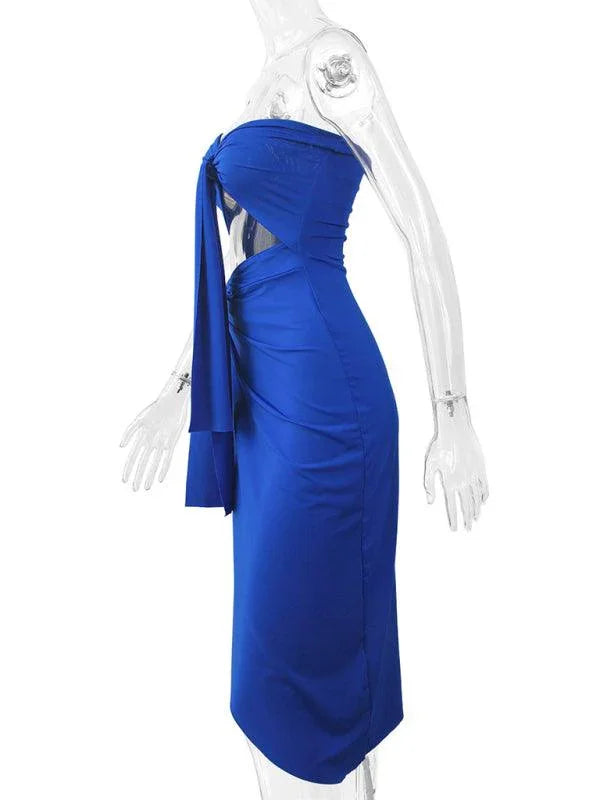 Tiana Solid Color Strapless Wrap Front Tie Cutout Slit Midi Dress - Vestir en Moda