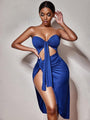 Tiana Solid Color Strapless Wrap Front Tie Cutout Slit Midi Dress - Vestir en Moda