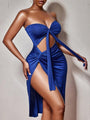 Tiana Solid Color Strapless Wrap Front Tie Cutout Slit Midi Dress - Vestir en Moda