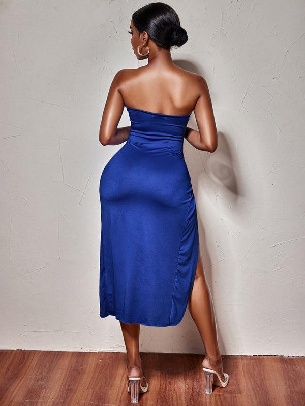 Tiana Solid Color Strapless Wrap Front Tie Cutout Slit Midi Dress - Vestir en Moda