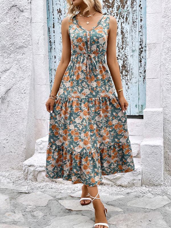 Zawil Casual Ladies Button Sleeveless Floral Print Dress - Vestir en Moda