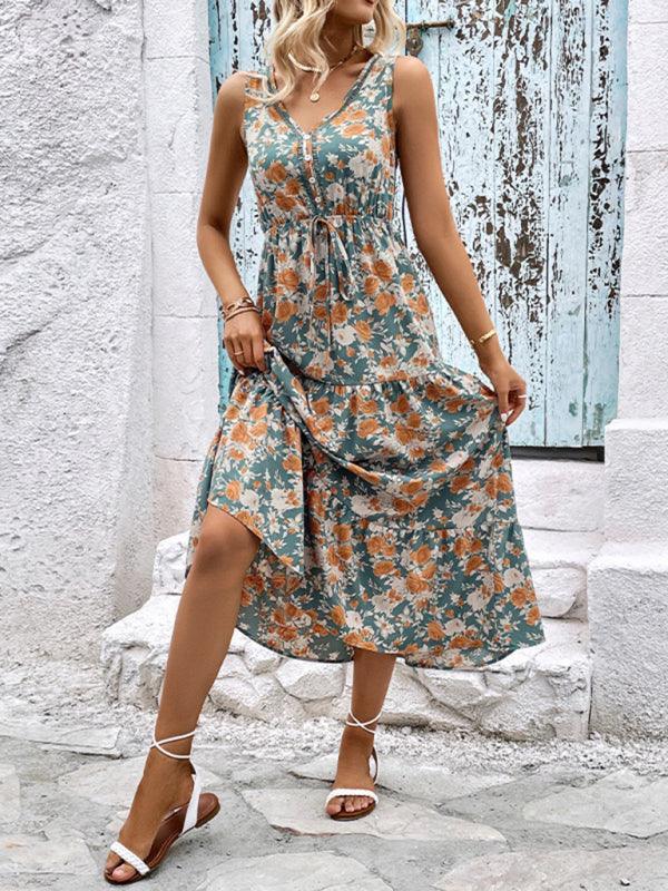 Zawil Casual Ladies Button Sleeveless Floral Print Dress - Vestir en Moda